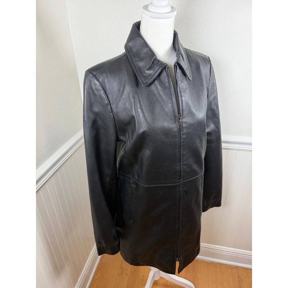 Jaclyn Smith Womens Black Leather Full Zip Collared Coat Casual Outerwear Size S